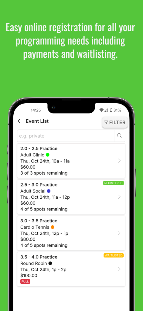 CourtReserve - CourtReserve app interface showing a list of sports practices and clinics with registration and waitlist options