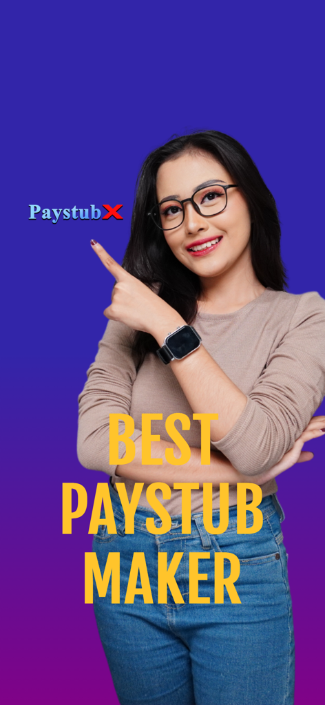 Une femme professionnelle pointant vers le texte Best Paystub Maker