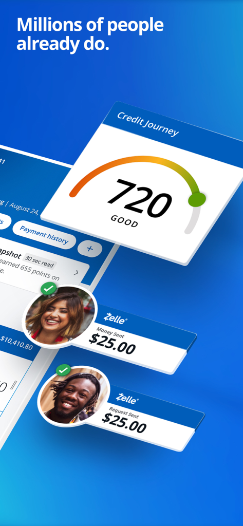Chase Mobile app screen showing credit score tracking and Zelle payments