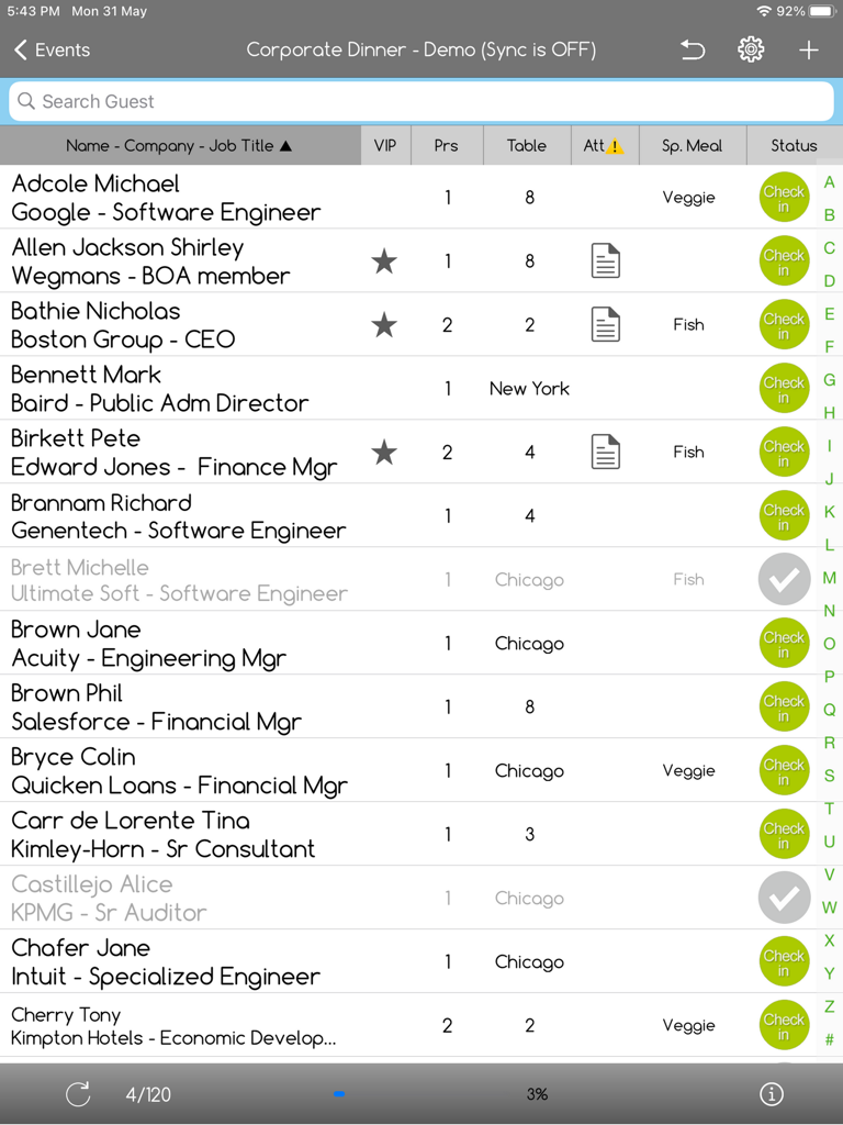 iPad interface of the e-GuestList app showing a guest list with VIP tags table assignments and check-in buttons for a corporate event