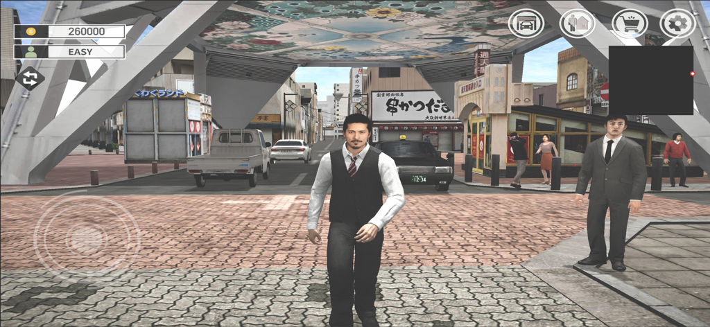 Japan Taxi Simulator : Driving - A character in a vest and tie stands in the realistic Shinsekai district of Osaka in Japan Taxi Simulator