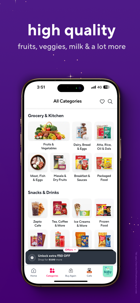 Zepto: Groceries in minutes - Zepto mobile app screenshot showing a wide variety of grocery and snack categories.