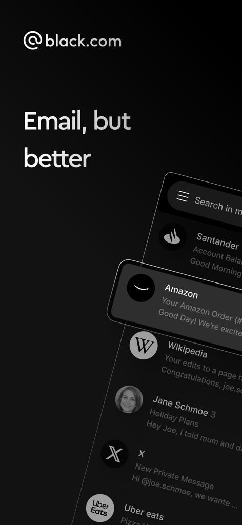 Black.com encrypted email app interface showing a dark themed inbox with the slogan Email but better