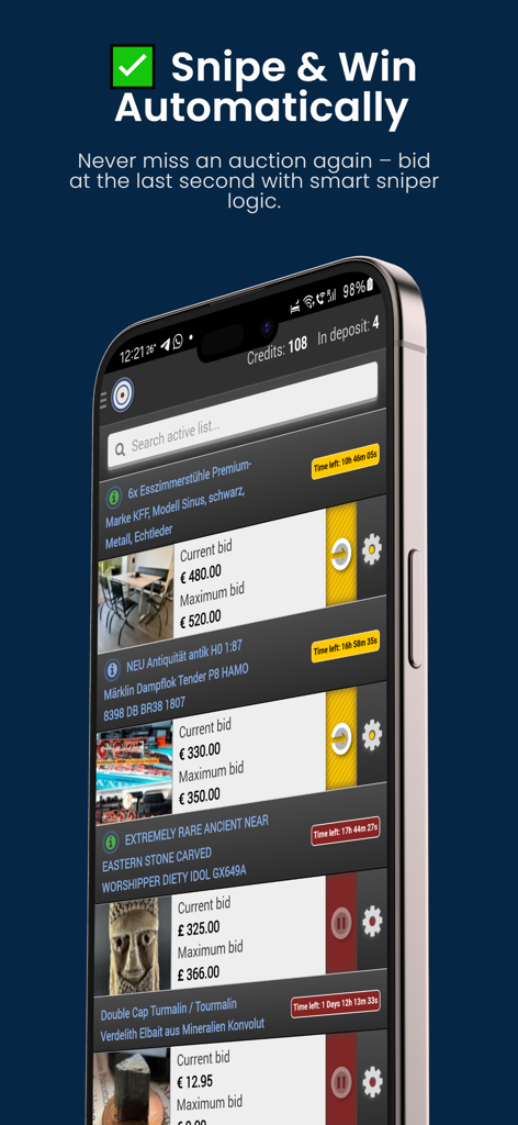 Interface do aplicativo móvel BidBag mostrando uma lista de leilões do eBay com recursos de snipe automatizado e lances de último segundo.