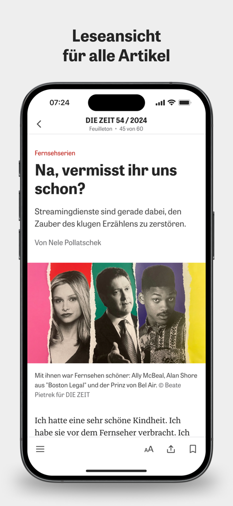 Écran de smartphone affichant une vue claire d'un article de journal allemand dans l'application DIE ZEIT E-Paper.
