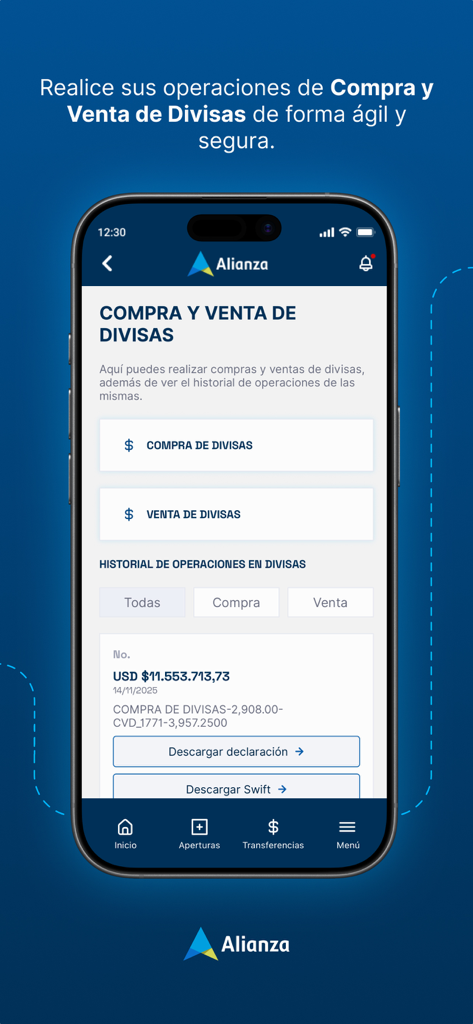 Alianza Móvil - Interfaz de la aplicación móvil Alianza Movil para comprar y vender divisas, incluido el historial de transacciones.
