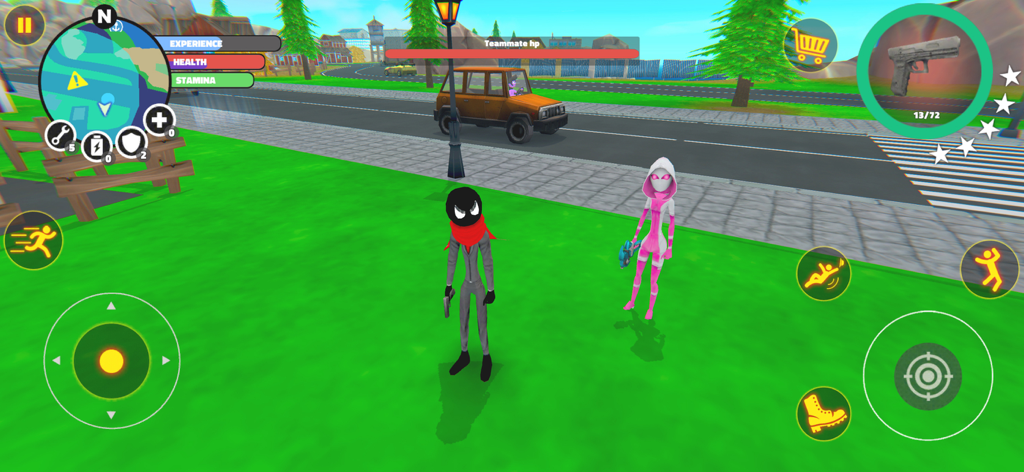 Stick Hero Simulator - Two stickman characters standing in a green park within the 3D city environment of Stick Hero Simulator.