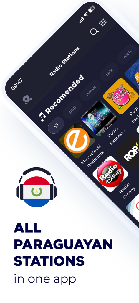 Radio Paraguay - Live FM & AM - Radio Paraguay app interface showing recommended radio stations and a logo with the Paraguayan flag inside headphones