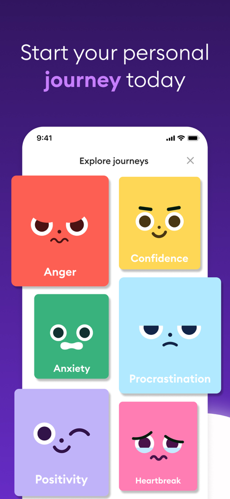 Ahead: Emotional Companion - Mobile app screen showing various emotional growth journey categories like Anger, Confidence, and Anxiety with colorful character icons.