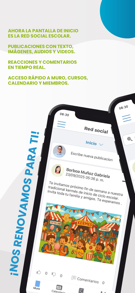Interface do aplicativo Servoescolar Movil exibindo o feed da rede social da escola com postagens de alunos e pais