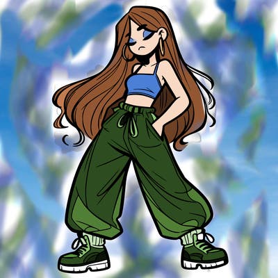 girl in baggy pants crop top and long hair