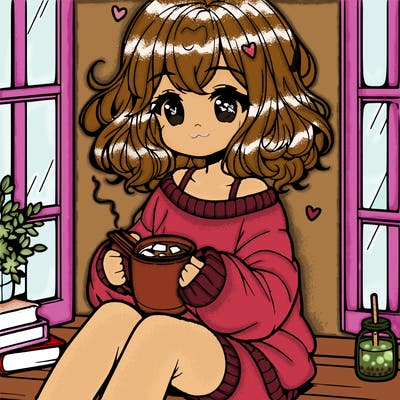 cute anime girl reading book and drinking hot chocolate from mug with loose wavy hair wearing a baggy sweatshirt and shorts sitting by windowsill looking out