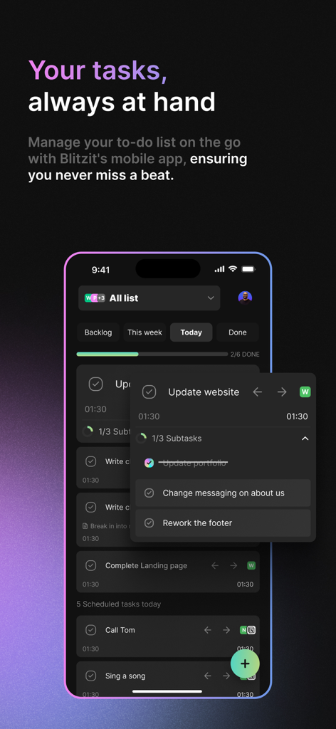 Blitzit App - Blitzit mobile app interface showing a to-do list with subtasks and progress bar