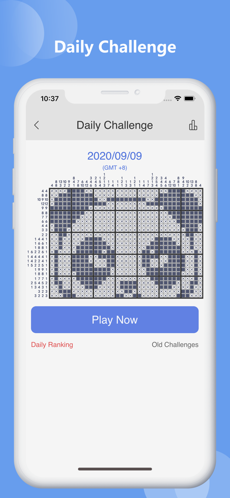 Un teléfono móvil que muestra una pantalla de desafío diario para un juego de rompecabezas de lógica Nonogram.