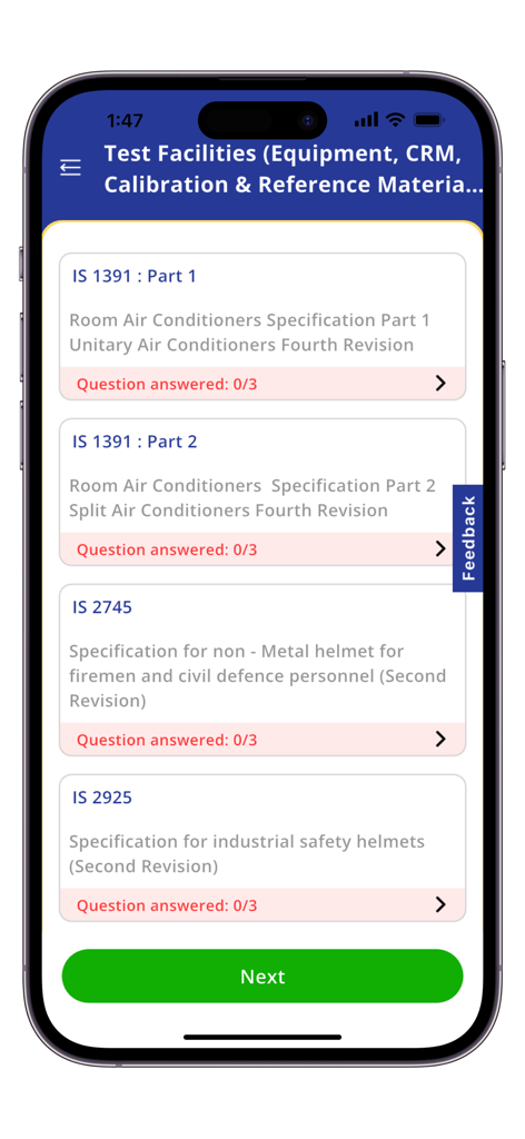 BIS Lab Audit - Interface of BIS Lab Audit app displaying a list of test facility equipment and specifications to be audited
