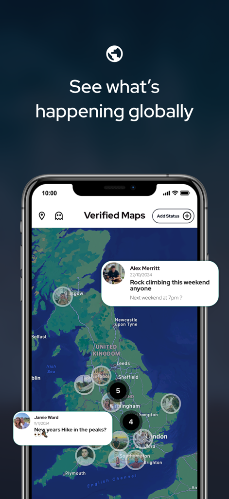 A smartphone screen showing the Travel Squad app Verified Maps feature with users posting activity requests for hiking and rock climbing on a map.