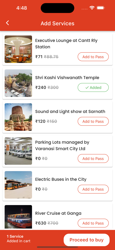 Kashi Darshan - Mobile app interface of Kashi Darshan showing various tourist services available for booking such as temple visits, river cruises, and local transportation.