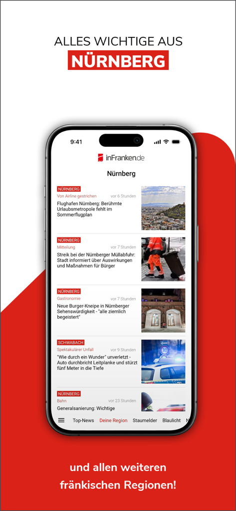 Pantalla de smartphone mostrando la aplicación de noticias inFranken con titulares locales de Núremberg