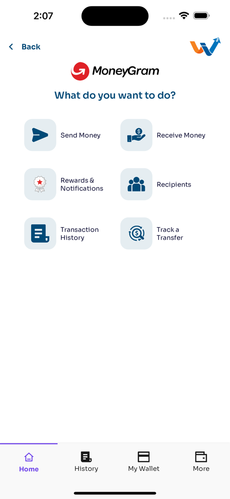 Pantalla de la aplicación WIDIT que muestra las opciones de transferencia de dinero de MoneyGram, que incluyen enviar dinero y rastrear transferencia