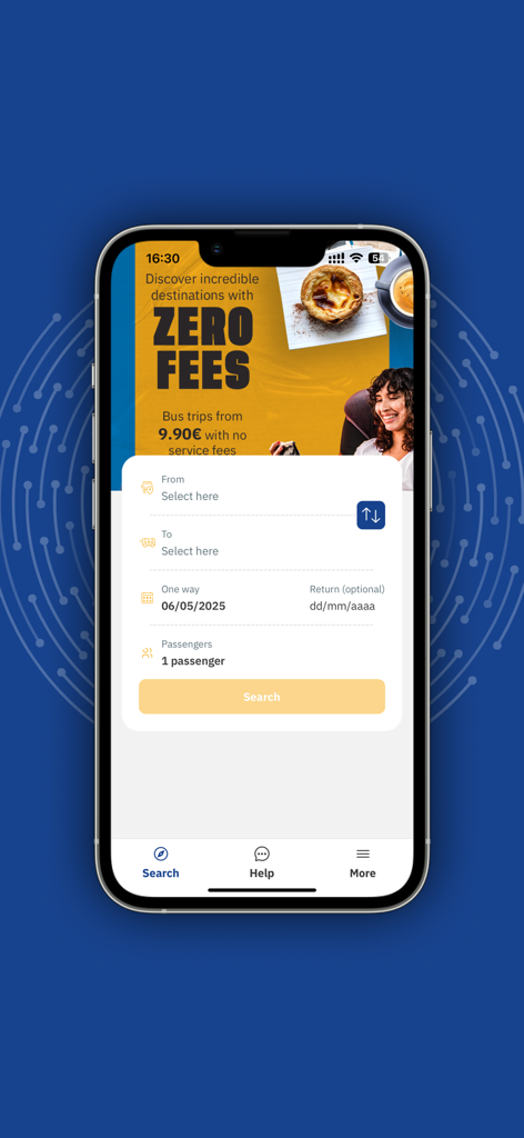 Gipsyy: Travel in Europe - Search interface of the Gipsyy app for booking budget bus trips in Europe with zero service fees