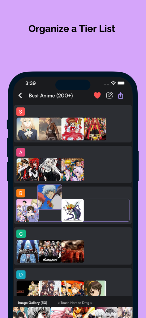 Tier List Maker - Lomo - Mobile interface of Lomo app showing the organization of an anime tier list
