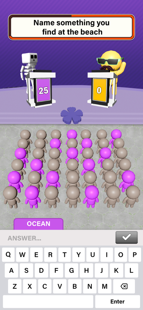 Una captura de pantalla del juego de la aplicación Adivina La Respuesta que muestra una pregunta de trivia pidiendo nombrar algo que se encuentra en la playa con un usuario escribiendo la palabra océano.