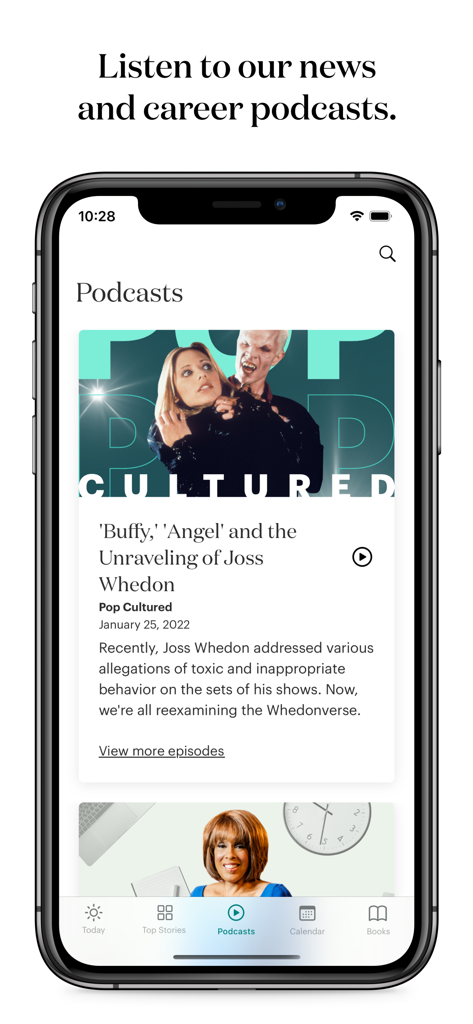 theSkimm - TheSkimm app interface showing news and career podcasts with a Pop Cultured episode featured.