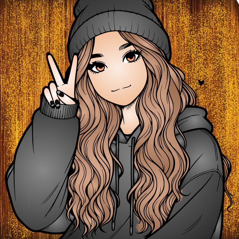 a teenage girl in a beanie, oversized sweatshirt, wavy long hair, and is showing a ✌️