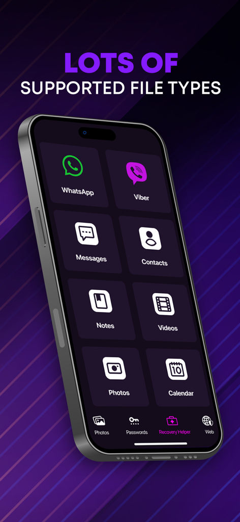 ReFile: Recovery All - WhatsAppメッセージや写真などのサポートされているファイルタイプを示すReFile Recovery Allアプリのインターフェース。