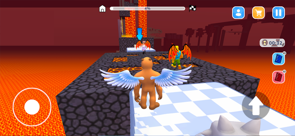 Obby World: Prison Escape - A character with wings navigates a parkour obstacle course over lava in Obby World