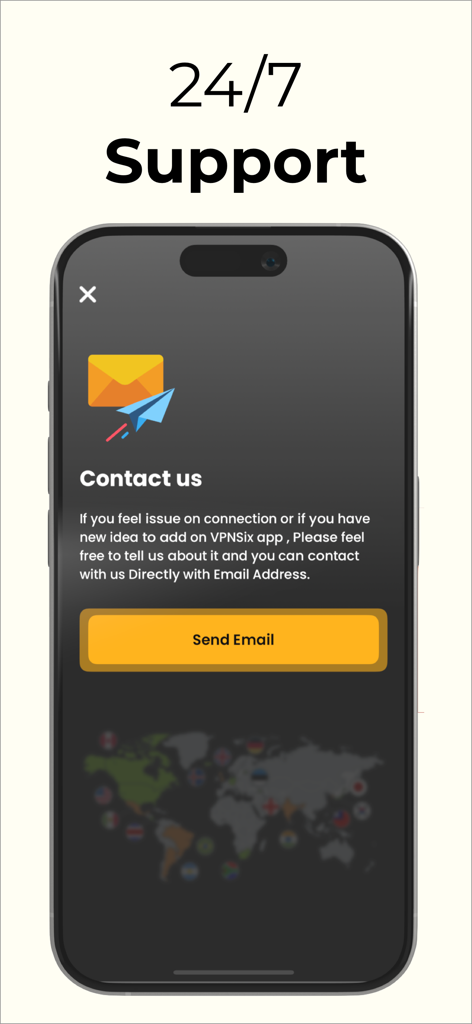 VPNSix - Optimized and Fast - Pantalla de contacto de la aplicación VPNSix para soporte 24/7 que incluye un botón para enviar correo electrónico e ilustración de soporte.