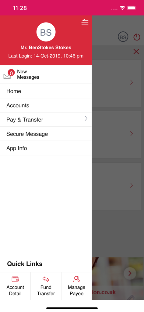 Credit Union App - Navigation sidebar of the Credit Union app displaying menu items like accounts and pay and transfer