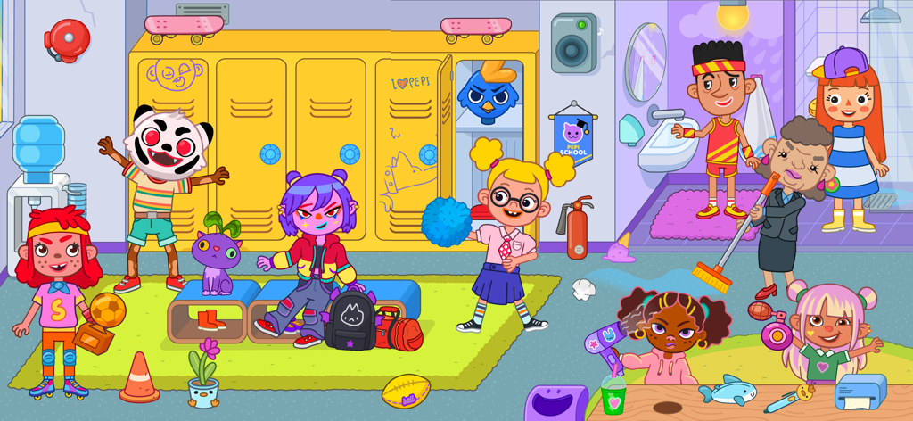 Pepi School: Fun Kid Games - Diverse animated characters interacting in a school locker room with lockers and school accessories