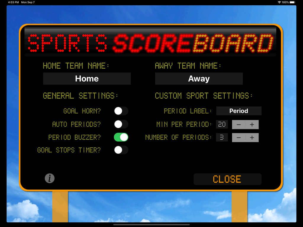 JD Sports Scoreboard - Settings menu for JD Sports Scoreboard app on iPad showing options for team names and game rules