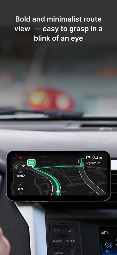 Hudway Go: Navigation with HUD - Smartphone mounted on a car dashboard displaying Hudway Go minimalist 3D navigation route