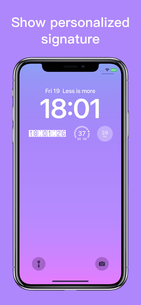 Lock Screen Clock with Seconds - iPhone lock screen featuring a personalized text signature and a clock widget with seconds
