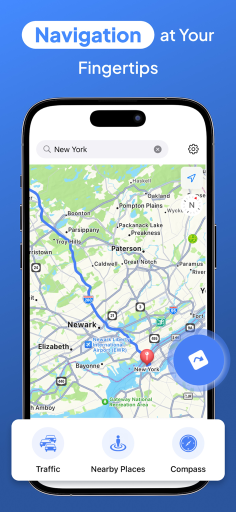 GPS Live Location - Maps - GPS 실시간 위치 앱 인터페이스가 뉴욕 지역의 지도 경로와 길찾기 기능을 보여줍니다.
