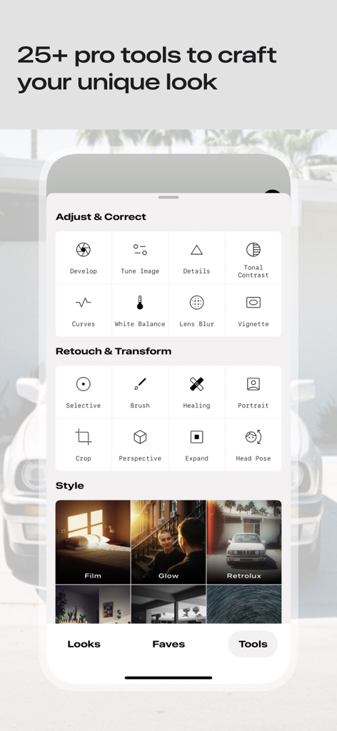 Interface do aplicativo editor de fotos Snapseed mostrando categorias de ferramentas profissionais para ajuste, retoque e estilização de imagens