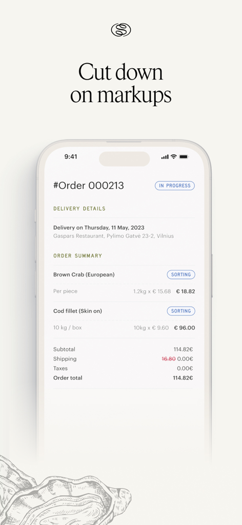 Saltz - Écran de l'application Saltz montrant un résumé de commande culinaire pour les fruits de mer avec des prix transparents et sans majorations