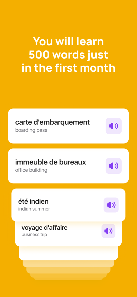 French vocabulary cards for travel and business showing the goal to learn 500 words in the first month