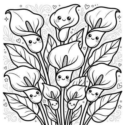 Unleash your creativity with this delightful Kawaii Calla Lilies coloring page. Each charming flower features an adorable face, ready for you to bring to life with your favorite colors.