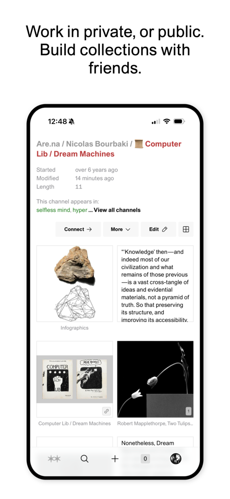 Are.na - Are.na mobile app screen showing a shared collection of diverse media blocks and creative research content.