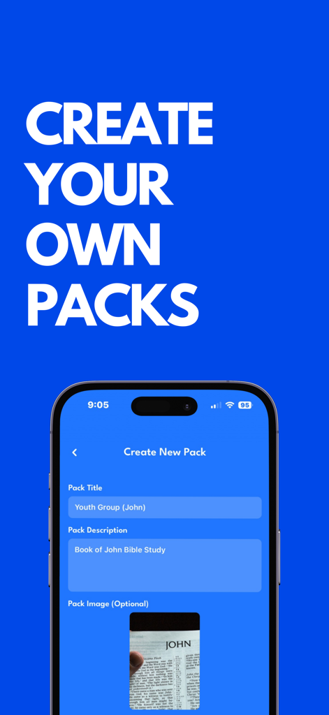 Bible Charades! - Interface for creating a custom game pack in the Bible Charades app for a youth group Bible study