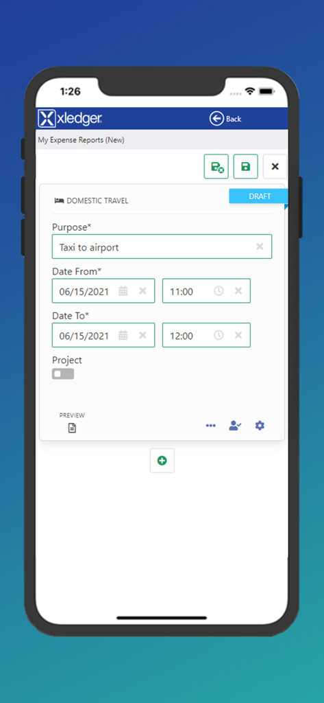 Xledger - Xledger app screenshot showing a domestic travel expense report form for a taxi to airport