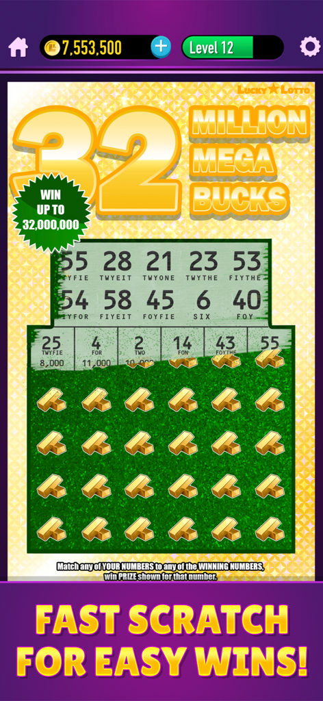 Lucky Lotto - Mega Scratch Off - A mobile scratch-off game screen from Lucky Lotto showing a 32 Million Mega Bucks ticket being played