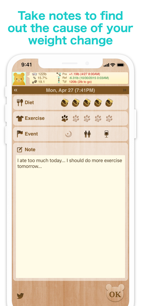 Simple Weight - Weight Loss - Weight loss app notes screen for diet and exercise tracking