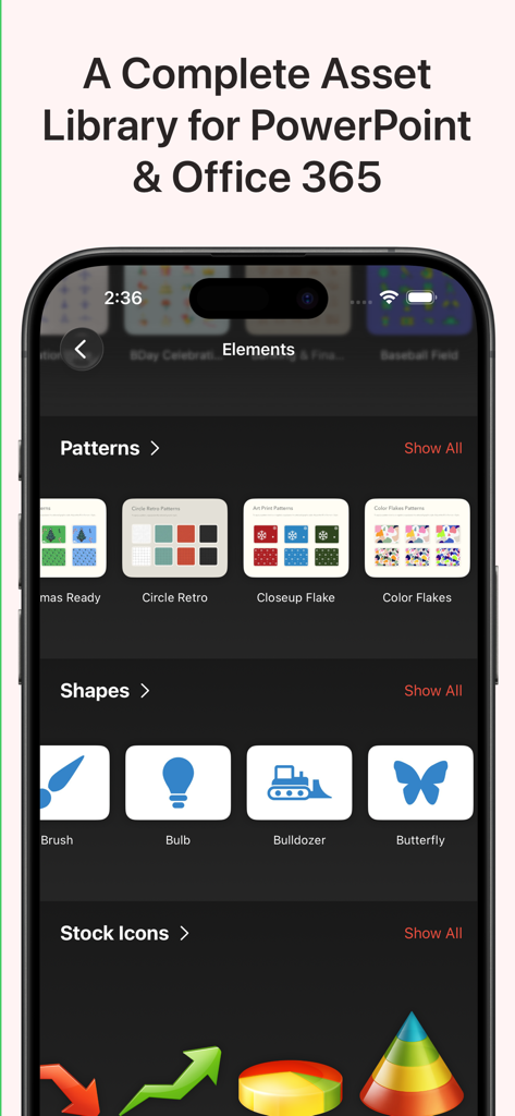 Mobile app interface showing design assets like patterns shapes and icons for PowerPoint presentations