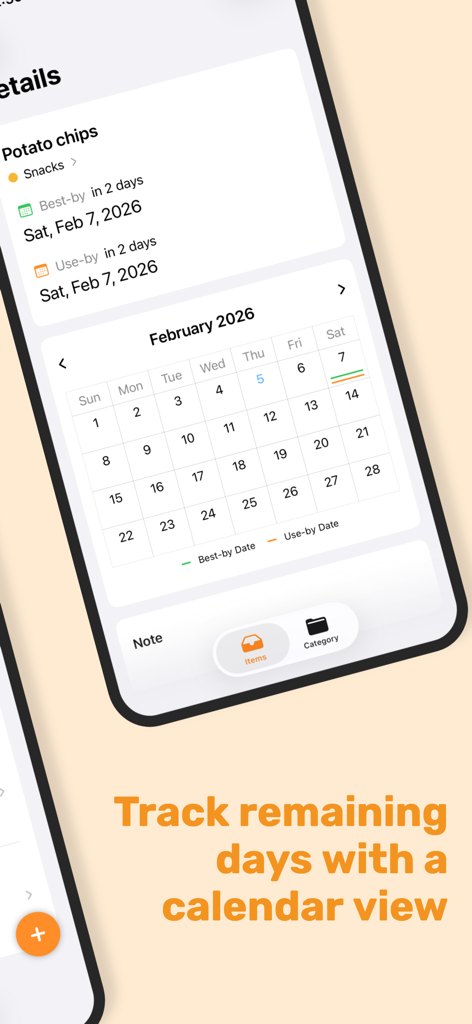 FreshExpire - FreshExpire app interface showing a monthly calendar with food expiration dates and countdown details.