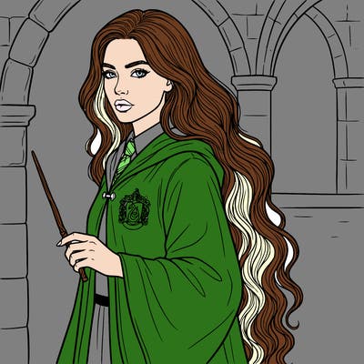 long hip length curly hair, plump lips slim body slytherin robes wand in hand