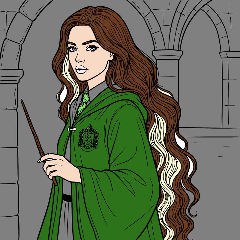 long hip length curly hair, plump lips slim body slytherin robes wand in hand